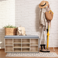 Schuhschrank mit gepolsterter Sitzbank GABI, 10 Fächer, 104x30x48 cm, hellbraun/grau