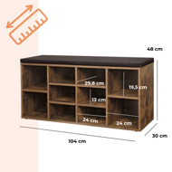 Schuhschrank mit gepolsterter Sitzbank GABI, 10 Fächer, 104x30x48 cm, schwarz/dunkelbraun