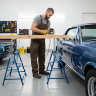 Teleskopische Gerüstböcke DANNY, 2er-Set, max. 200 kg, 69x57x81-130 cm, silber/blau