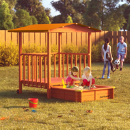 Sandkasten mit Veranda SUNNY, 130x130x143cm, braun/orange
