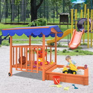 Sandkasten mit Veranda HARVY, 130x130x143 cm, braun/blau