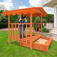 Sandkasten mit Veranda HARVY, 130x130x143 cm, braun/orange