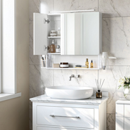 Badezimmerschrank mit Spiegel BEVERLY, mit Beleuchtung und höhenverstellbarem Regalboden, Weiß