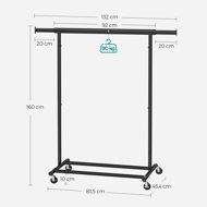 Kleiderständer INEZ auf Rollen, max. 90 kg, 83,5x45x160 cm, schwarz