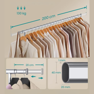 Kleiderständer DOLLY auf Rollen, max. 150 kg, 45x160-200x161,5cm, silber