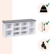 Schuhschrank mit gepolsterter Sitzbank GABI, 10 Fächer, 104x30x48 cm, grau/weiß