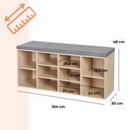 Schuhschrank mit gepolsterter Sitzbank GABI, 10 Fächer, 104x30x48 cm, hellbraun/grau