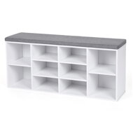 Schuhschrank mit gepolsterter Sitzbank GABI, 10 Fächer, 104x30x48 cm, weiß/grau