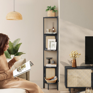 Eckregal ALMA, 5 Ablagen mit Rattan-Seitenpanelen,  Ebenholzschwarz/Beige
