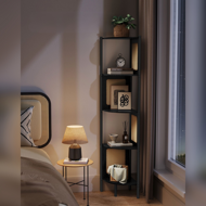 Eckregal ALMA, 5 Ablagen mit Rattan-Seitenpanelen,  Ebenholzschwarz/Beige