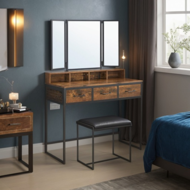 Schminktisch mit Hocker aus Kunstleder PIERRE, 90x40x141 cm, braun/schwarz