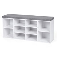 Schuhschrank mit gepolsterter Sitzbank GABI, 10 Fächer, 104x30x48 cm, weiß/grau