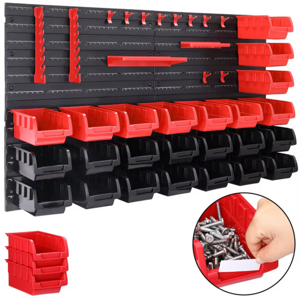 Hängeorganizer für Werkstatt ORDERBOX mit 28 Boxen und Werkzeughaltern , 64x2x38cm, rot/schwarz