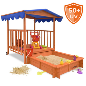 Sandkasten mit Veranda HARVY, 130x130x143 cm, braun/blau