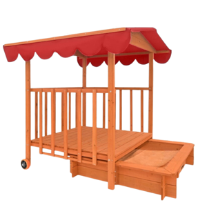 Sandkasten mit Veranda HARVY, 130x130x143 cm, braun/rot