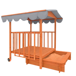 Sandkasten mit Veranda, 130x130x143cm, Kiefernholz, braun/grau