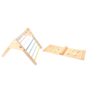 Pikler-Dreieck aus Holz MONTY, 59 cm, mit Montessori-Brett, mehrfarbig