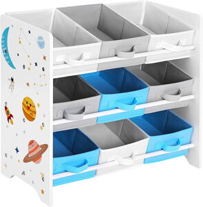 Spielzeugregal VESMÍR, 9 Boxen, 62,5x29,5x60 cm, weiß mit Aufklebern