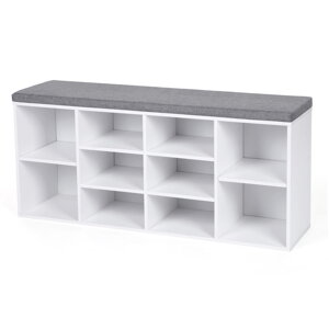 Schuhschrank mit gepolsterter Sitzbank GABI, 10 Fächer, 104x30x48 cm, weiß/grau