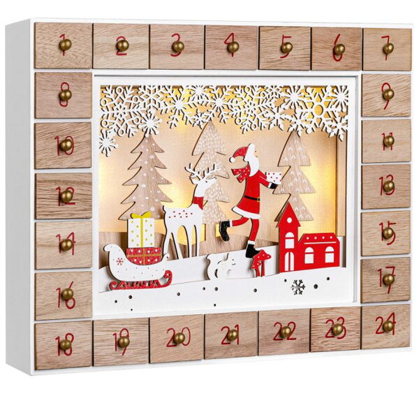Holz-Adventskalender SANTA CLAUS mit Beleuchtung, 35x6x27cm, weiß/braun