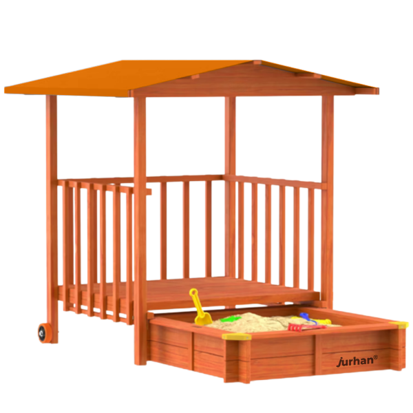 Sandkasten mit Veranda SUNNY, 130x130x143cm, braun/orange