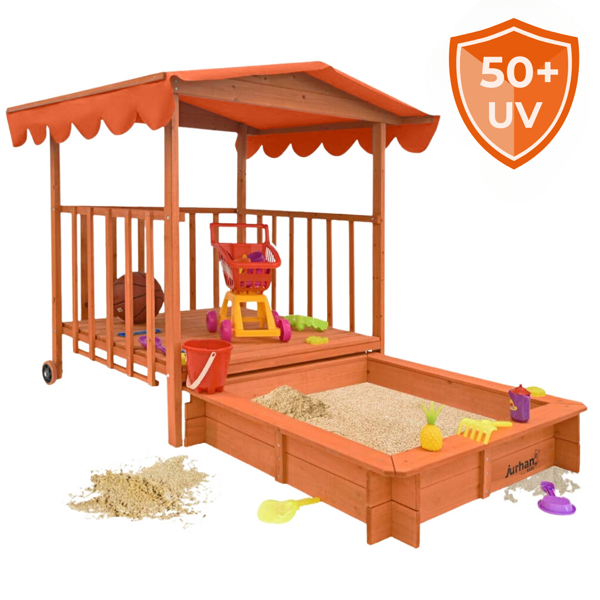 Sandkasten mit Veranda HARVY, 130x130x143 cm, braun/orange