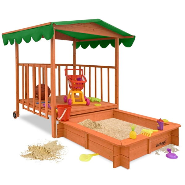 Sandkasten mit Veranda HAPPY, 130x130x143 cm, braun/grün