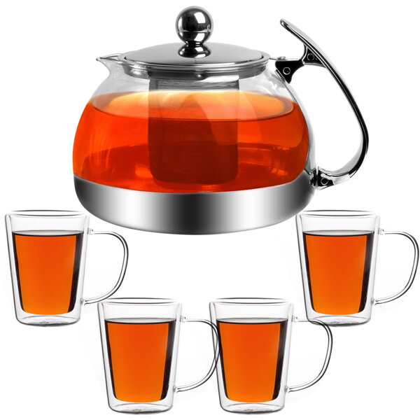 Teeset mit Sieb TEA 1,2L + 4 Tassen, transparent, silberfarben