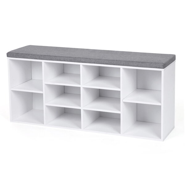 Schuhschrank mit gepolsterter Sitzbank GABI, 10 Fächer, 104x30x48 cm, grau/weiß
